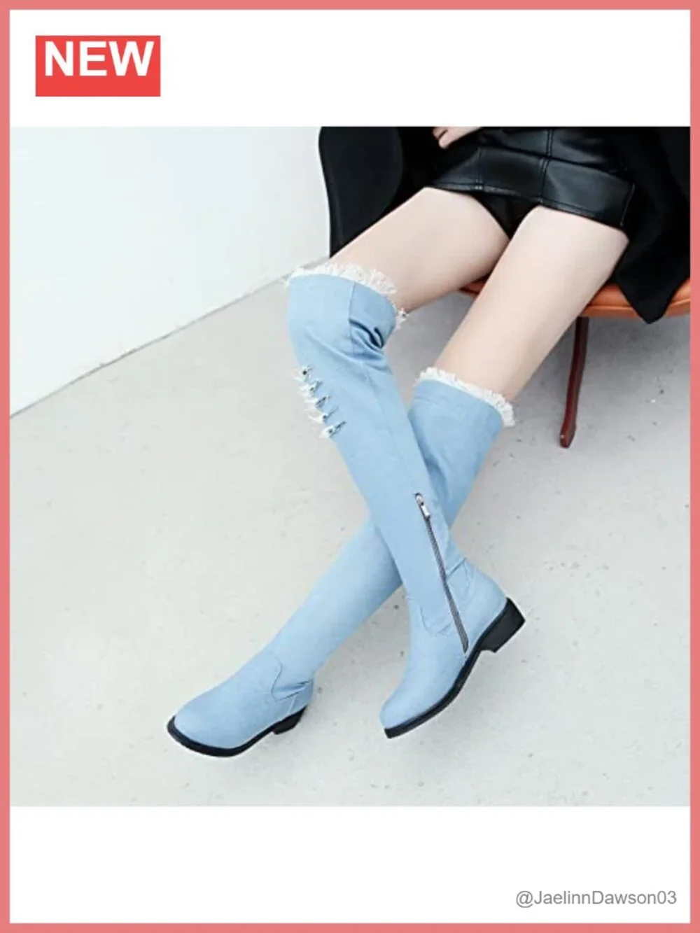 Denim Over the Knee Boots Flat Chunky Heel Side Zipper